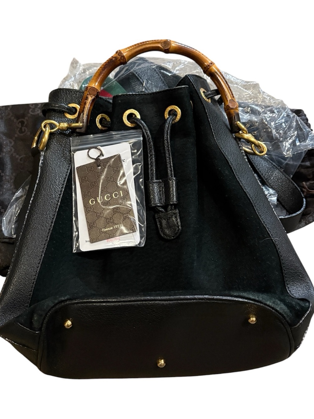 Gucci Black Suede & Leather Bamboo-Handle Drawstring Shoulder Bucket Bag
